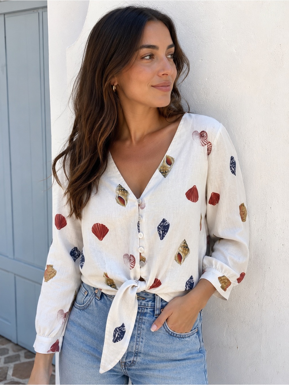 Joie Seashell Print Linen-Blend Tie-Front Top – Size 12
